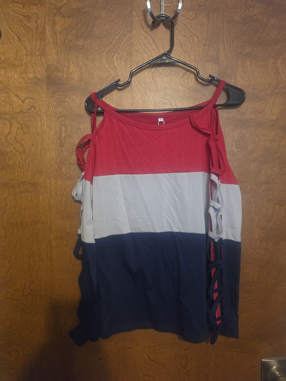 Striped Cold-Shoulder Women's Top in Red, Gray & Navy